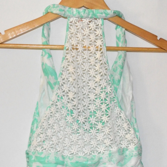GUESS Green White Halter Top Women's Size 0 Lace detail Empire Boho Chic Hi Lo - Picture 4 of 5